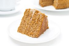 Piece Of Honey Cake On A White Plate, Horizontal Royalty Free Stock Image