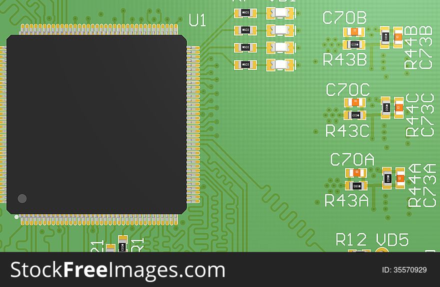 PCB Green With Elements. Top View.
