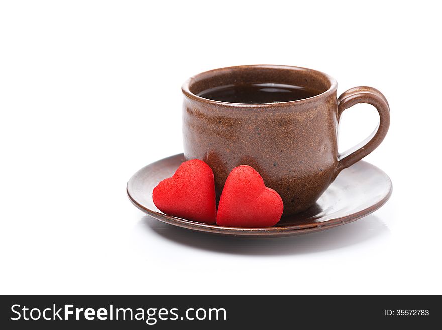 Coffee and candy in the the shape of heart for Valentine&#x27;s Day