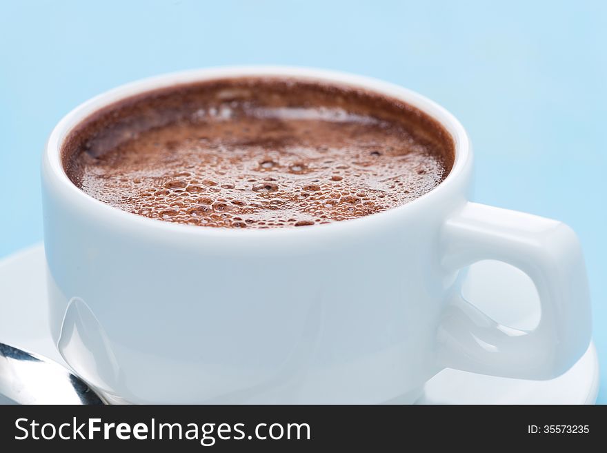 Cup of hot chocolate, selective focus, close-up