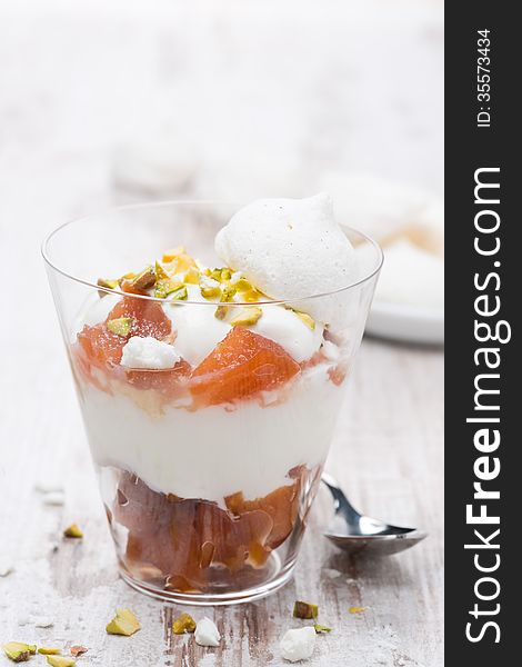 Dessert With Canned Peaches, Whipped Cream And Meringue, Closeup