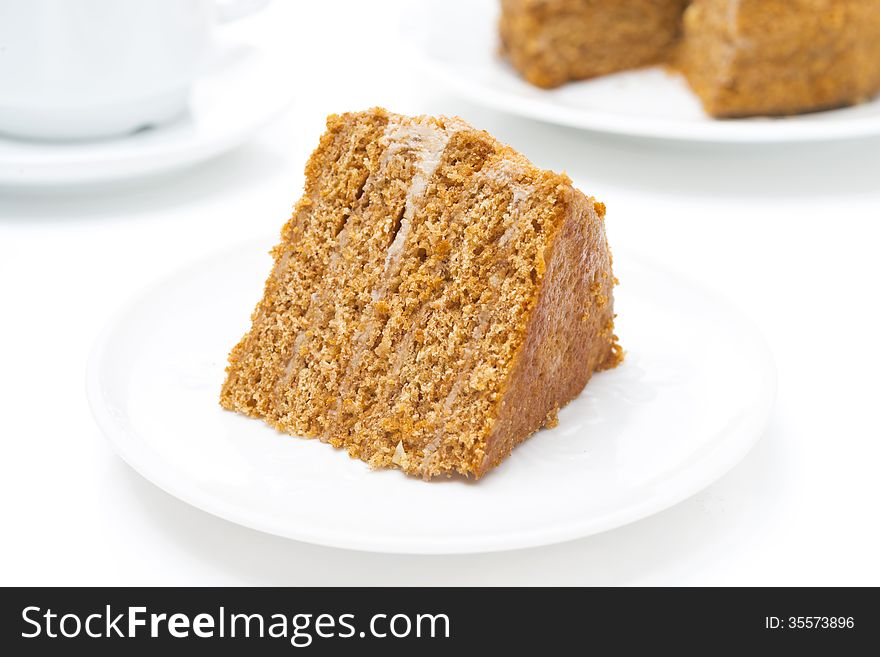 Piece Of Honey Cake On A White Plate, Horizontal