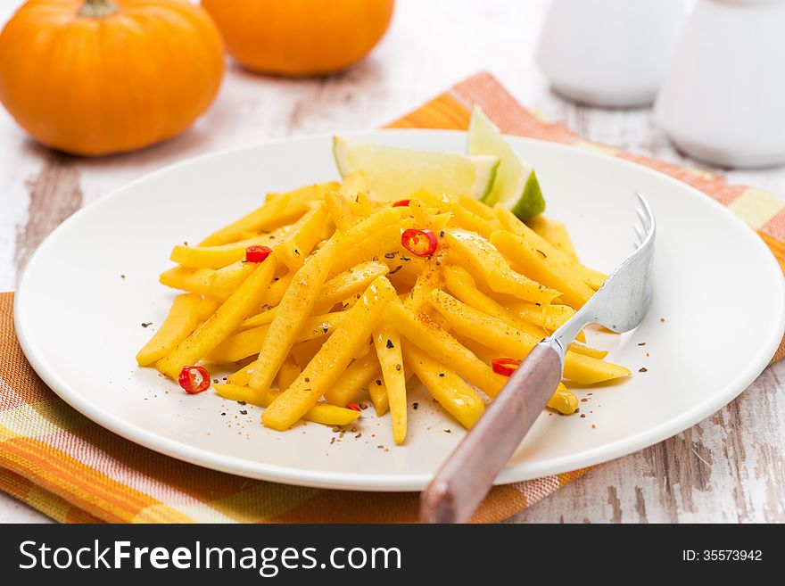 Salad of roasted pumpkin with lime and chilli, horizontal