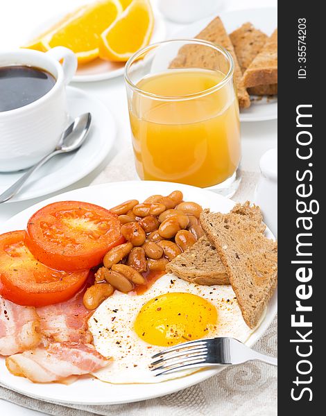 Traditional English Breakfast With Eggs, Bacon, Beans, Coffee