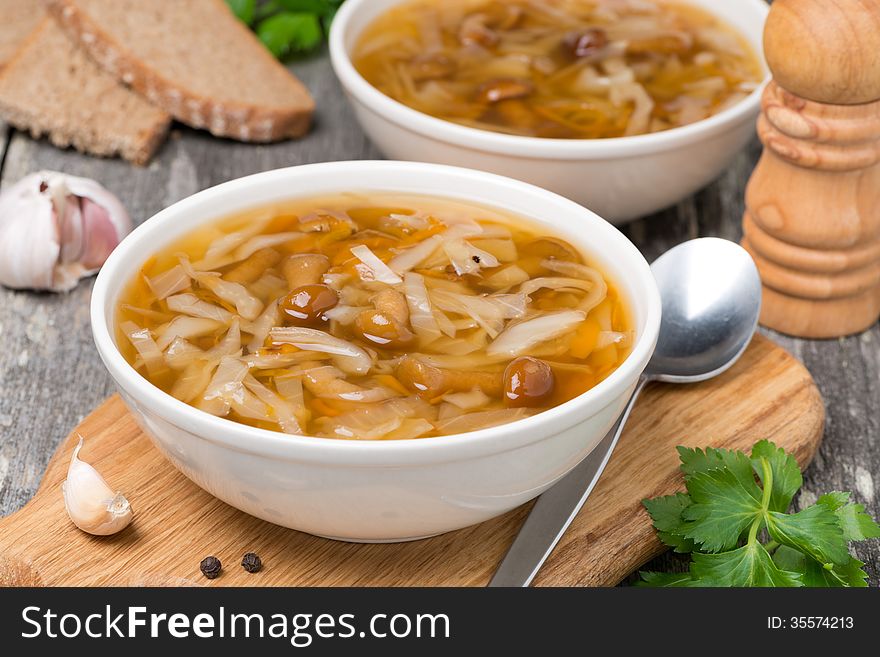 Traditional Russian cabbage soup (shchi) with wild mushrooms and garlic, top view, horizontal. Traditional Russian cabbage soup (shchi) with wild mushrooms and garlic, top view, horizontal