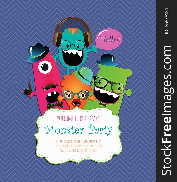 Monster Party Invitation Card Design. Vector Illustration. Monster Party Invitation Card Design. Vector Illustration