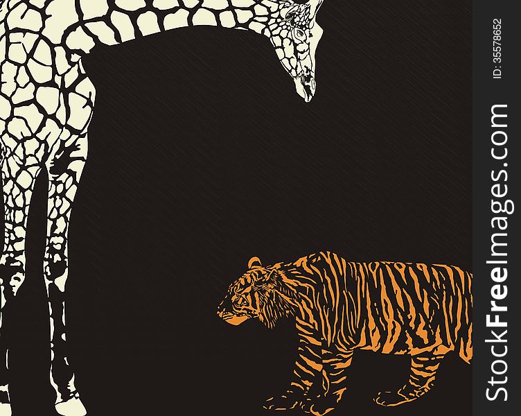 Vector illustration of tiger and giraffe on a black background. Vector illustration of tiger and giraffe on a black background