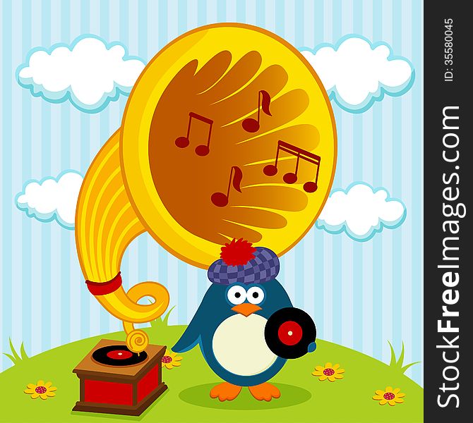 Penguin with a gramophone - vector illustration