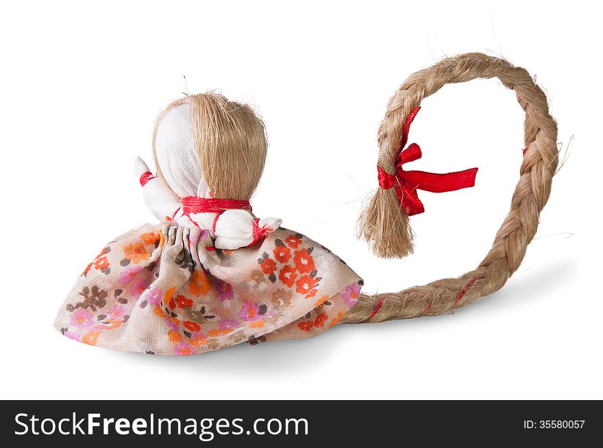 Russian traditional rag doll with tress