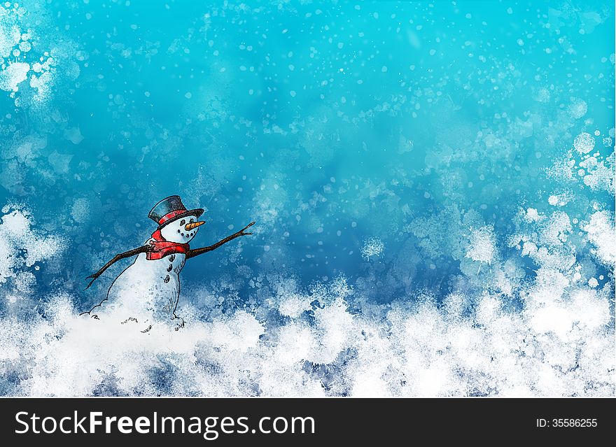 I cool snow man in a red scarf against a swirling blustery blue background. I cool snow man in a red scarf against a swirling blustery blue background