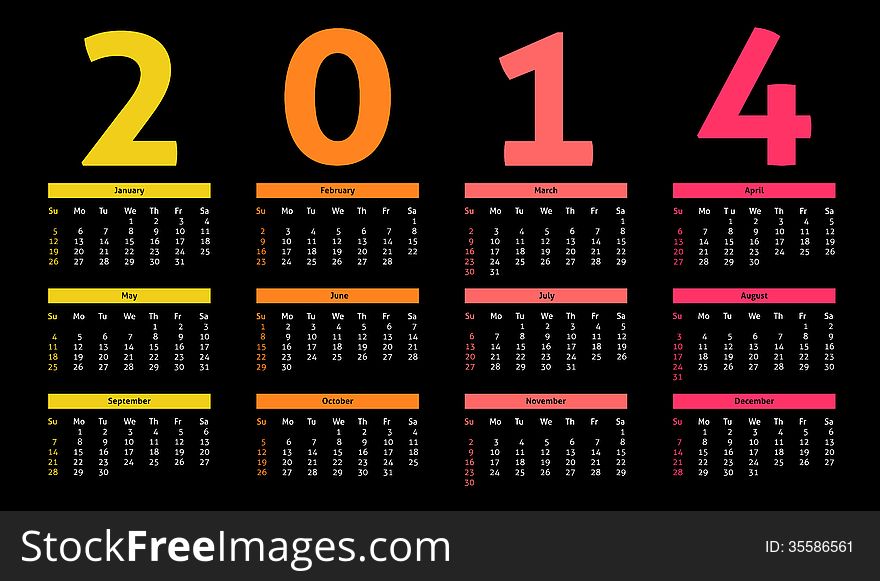 2014 year calendar in neon - dark style. 2014 year calendar in neon - dark style