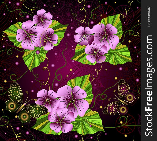 Seamless dark floral pattern with pink flowers and butterflies (vector eps 10). Seamless dark floral pattern with pink flowers and butterflies (vector eps 10)