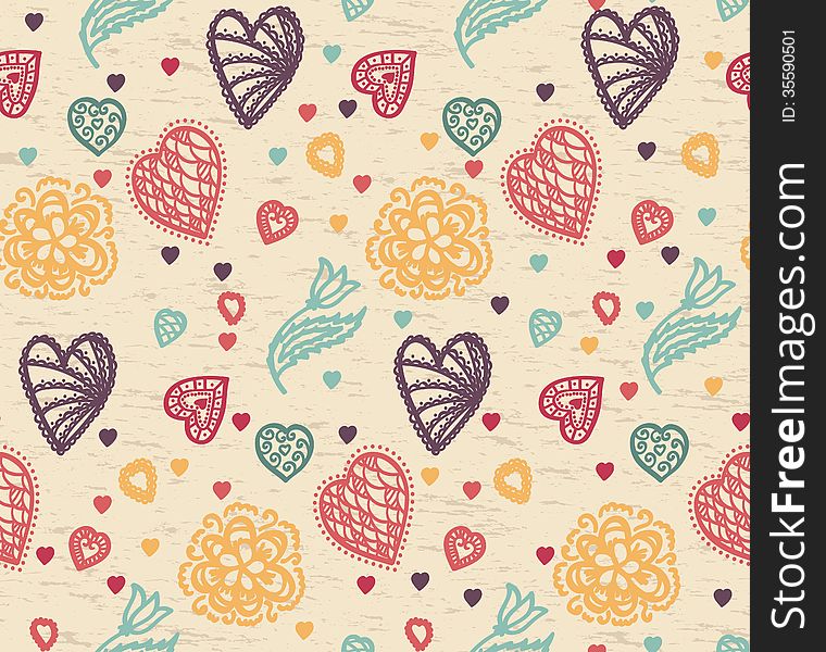Retro seamless pattern with colorful hearts and flowers. Retro seamless pattern with colorful hearts and flowers