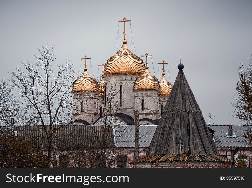 Golden Domes of orthodox church in monastery in Mozhaisk (Moscow region)