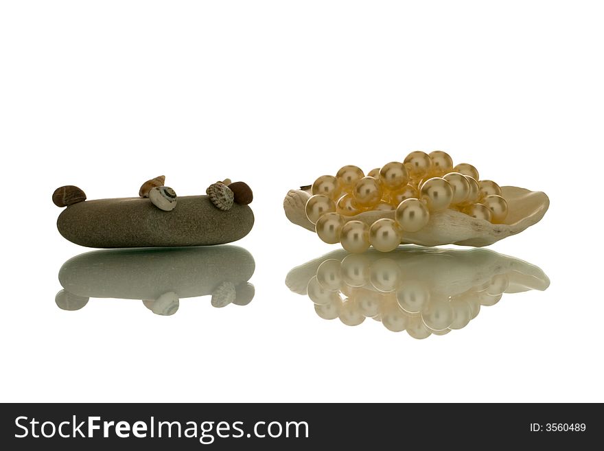 White pearls and seashells over white background. White pearls and seashells over white background