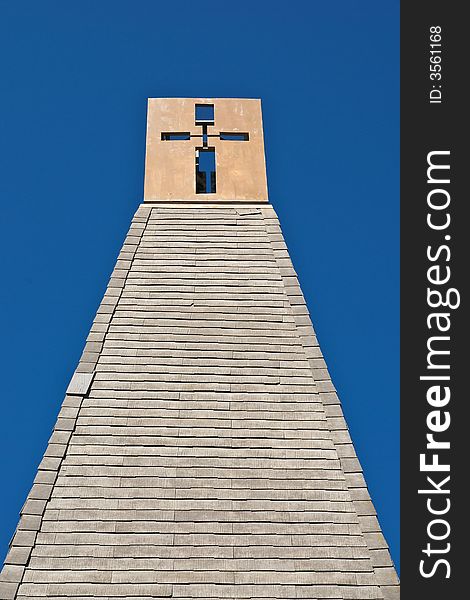 Church tower against blue sky - architectural details