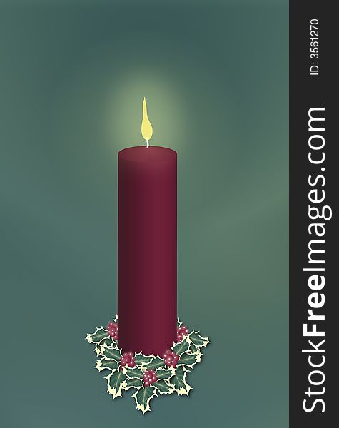 Single red pillar Christmas candle decorated with holly on green background. Single red pillar Christmas candle decorated with holly on green background
