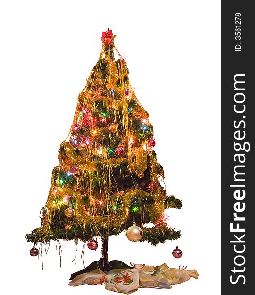 Christmas tree, rich decorate, on white background.