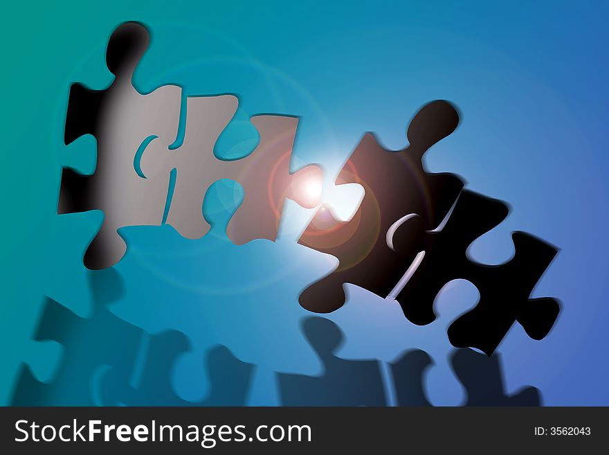 An image showing four pieces of jigsaw where two pieces are holding each other up against a blue lens flare background. An image showing four pieces of jigsaw where two pieces are holding each other up against a blue lens flare background