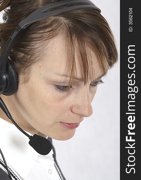 Customer service agent with headphones on head