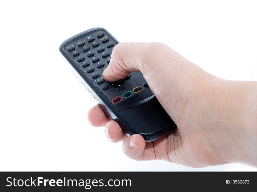 Black Infrared remote control unit in hand on a white background