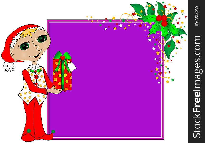 Elf holding a Christmas gift over a colorful purple background with holly leaves and bow. Elf holding a Christmas gift over a colorful purple background with holly leaves and bow.