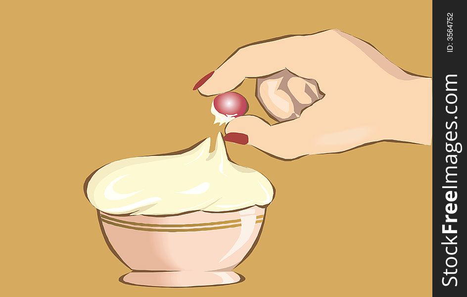 Illustration of Human hand picking cup the strawberry from a cup cake