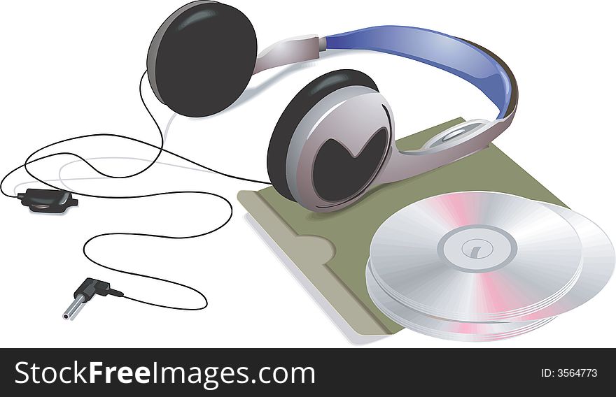 Illustration of a Discman with headphones Compact disc and a floppy