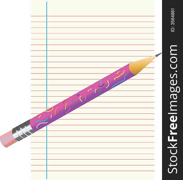 Illustration of Single lined paper and a sharpened pencil with eraser on top. Illustration of Single lined paper and a sharpened pencil with eraser on top