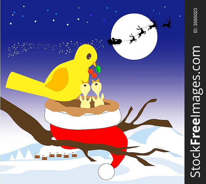 A illustration of Santa Claus gave his hat for yellow birds as a gift, cartoon, vector. A illustration of Santa Claus gave his hat for yellow birds as a gift, cartoon, vector