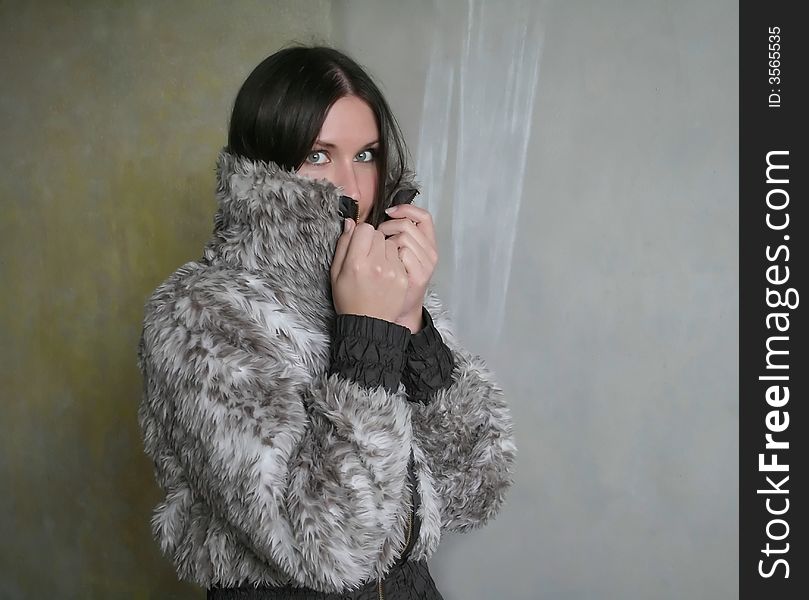 Portrait of a sexy young woman wearing grey fur coat. Portrait of a sexy young woman wearing grey fur coat
