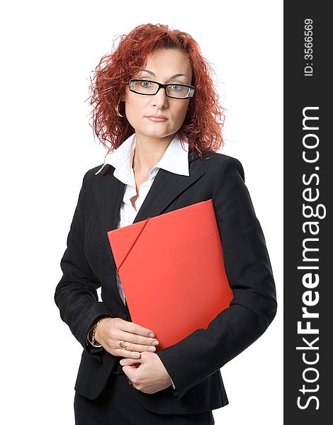 Business woman in glasses with red folder over white background