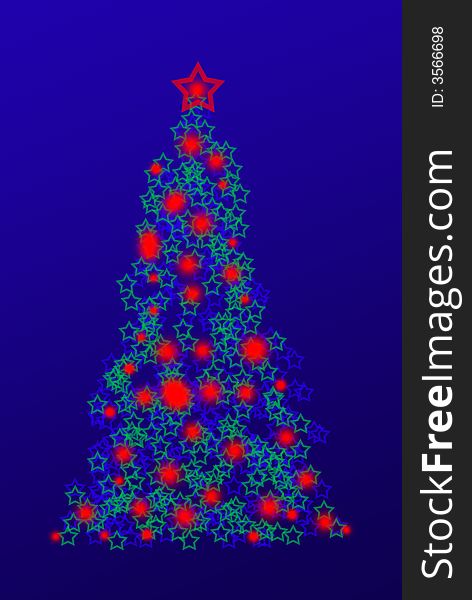 Decorated Christmas tree illustration with fairy lights and stars