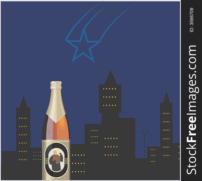 A beer in a background of tall buildings and a flying star