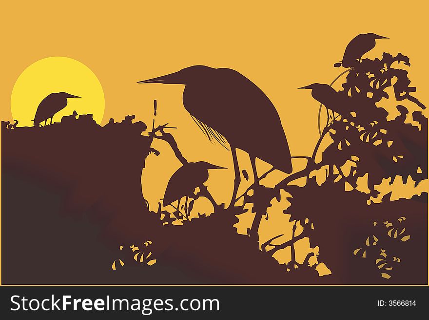 Illustration of a crane sitting above a tree branch at sunset