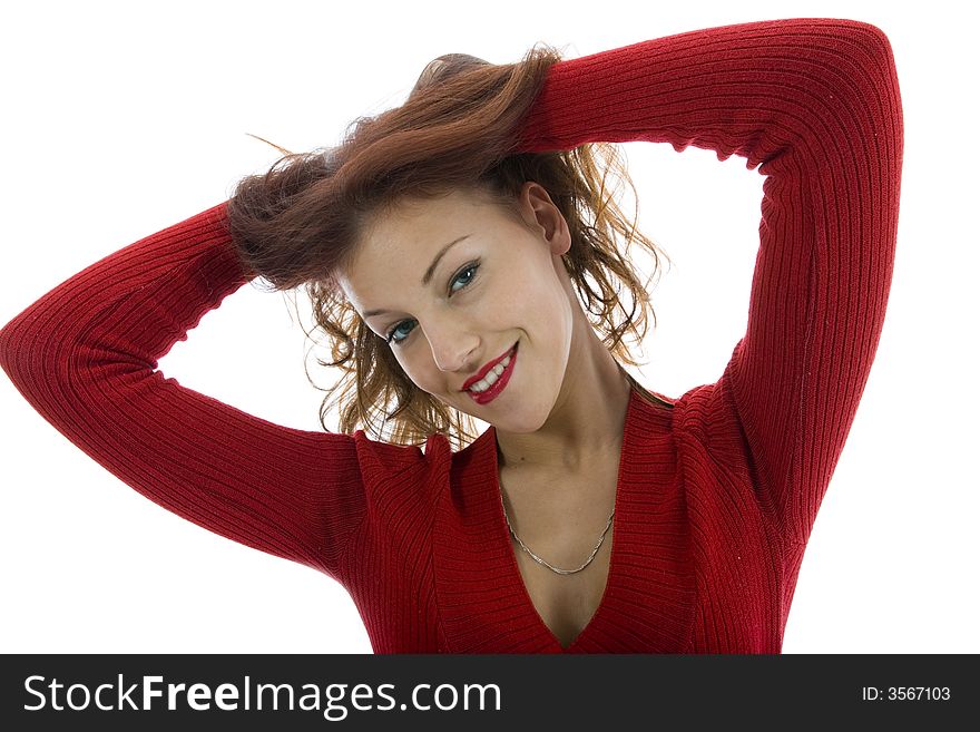 Beautiful woman in red sweater on white background