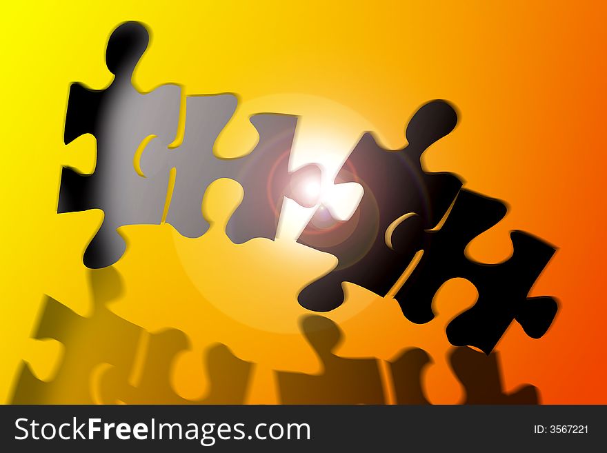 An image showing four pieces of jigsaw where two pieces are holding each other up against a yellow lens flare background - puzzle