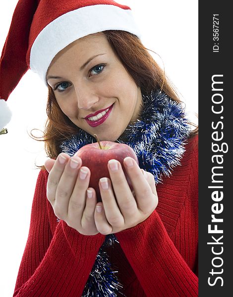 Beautiful woman with apple on white background