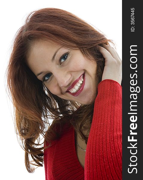 Beautiful woman in red sweater on white background
