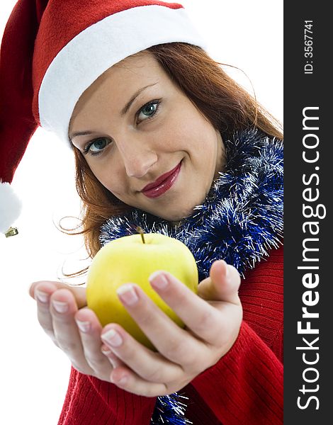 Beautiful woman with apple on white background