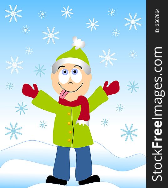 A clip art illustration of a young boy standing in the snow trying to catch snowflakes on his tongue. A clip art illustration of a young boy standing in the snow trying to catch snowflakes on his tongue