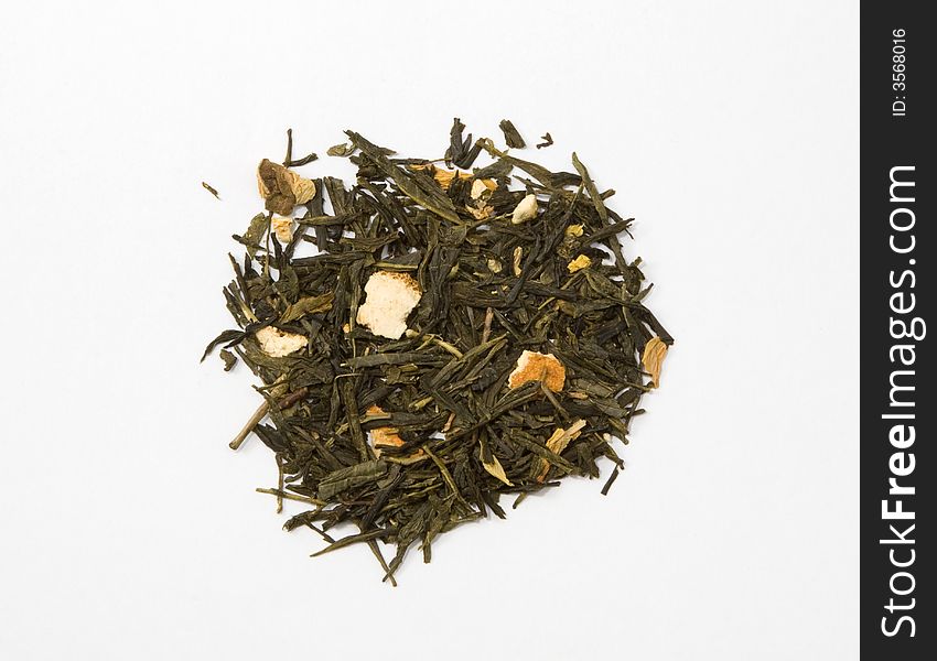 Dried green tea leaves and orange husk