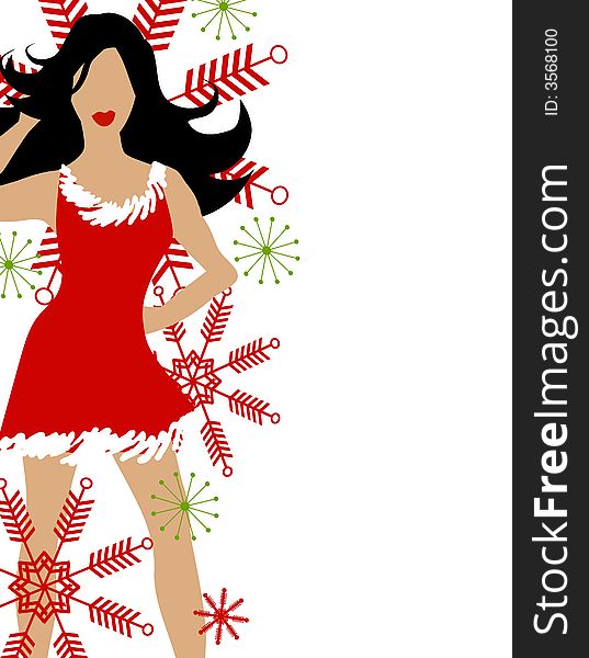 A clip art illustration of a fashion model wearing a little red dress surrounded by snowflakes. A clip art illustration of a fashion model wearing a little red dress surrounded by snowflakes