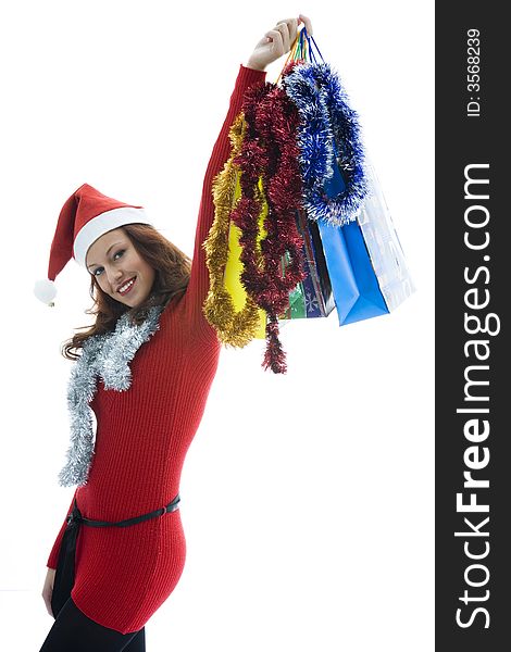 Beautiful woman with gift on white background