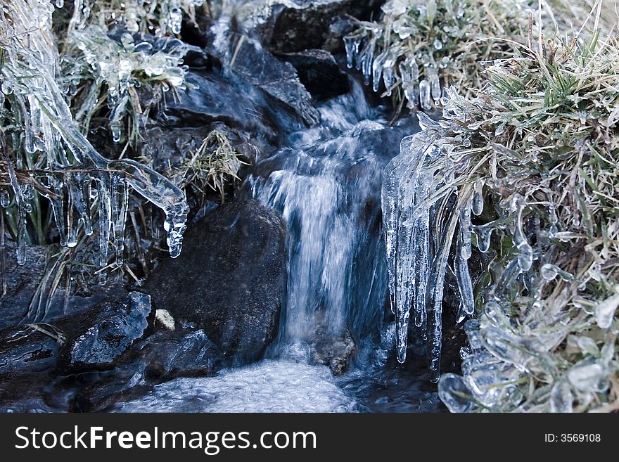 A little brook with rocks and grass covered with ice. A little brook with rocks and grass covered with ice