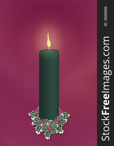 Single green pillar christmas candle decorated with holly on red background. Single green pillar christmas candle decorated with holly on red background