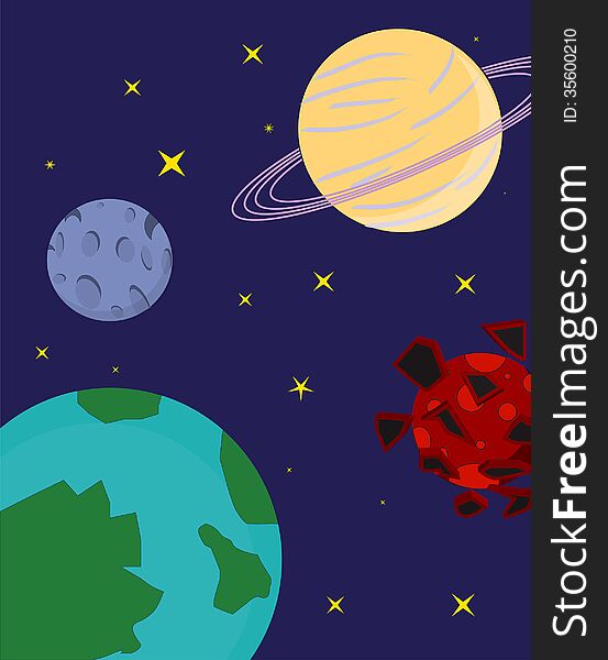 A cartoon visualisation of planets in the universe. Earth, Moon, Saturn, Mars
