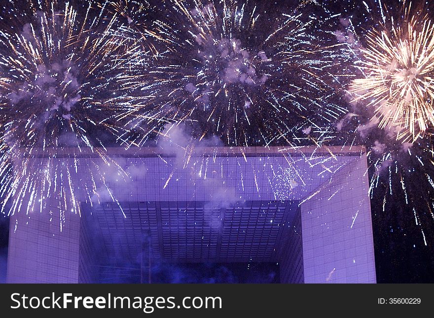 Fireworks at grand arch, La Defence, France, near Paris. Fireworks at grand arch, La Defence, France, near Paris