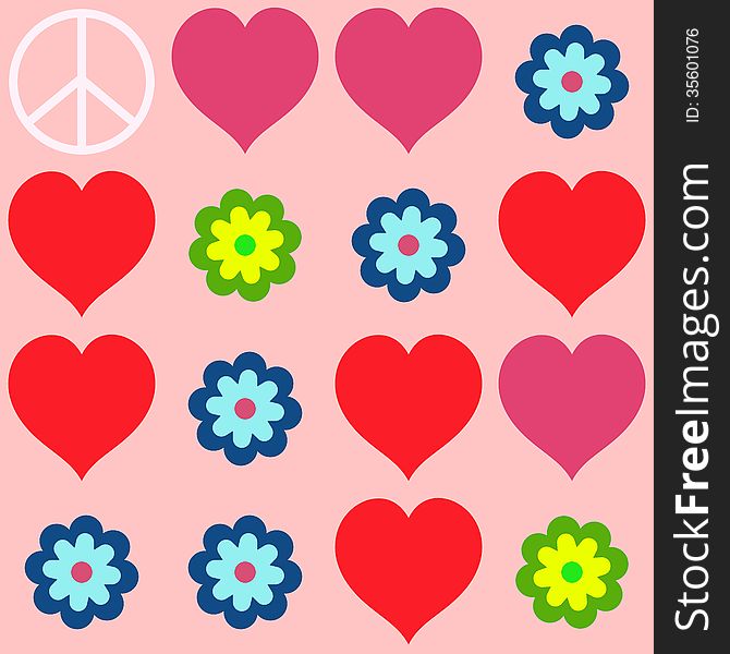 Many shapes of heart, flowers and  peace symbol