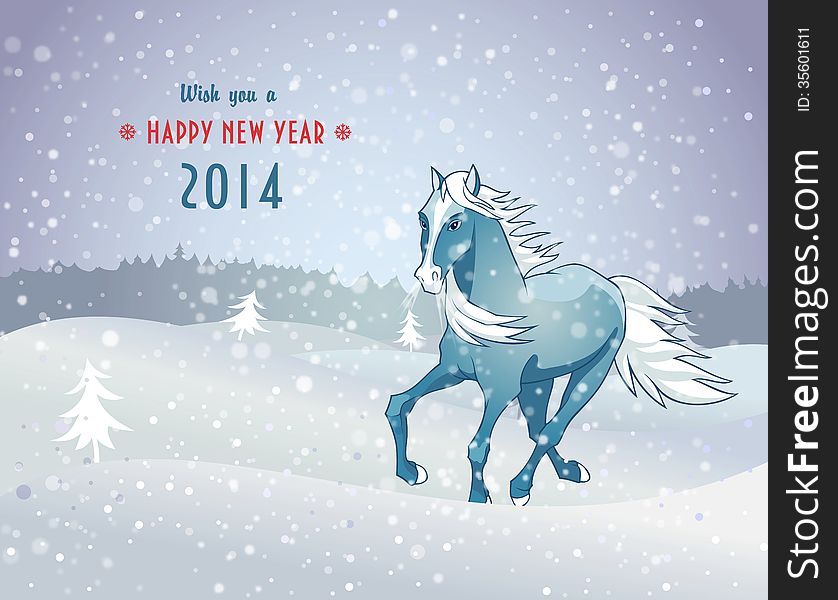 Vector illustration of winter landscape with snow blue horse - the symbol of new year 2014. Vector illustration of winter landscape with snow blue horse - the symbol of new year 2014